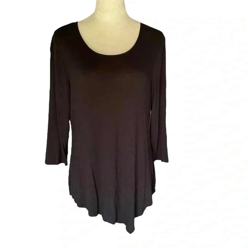 Chico's Top Size M Asymmetrical 3/4 Sleeves Tee Comfy‎ Stretch Effortless Black